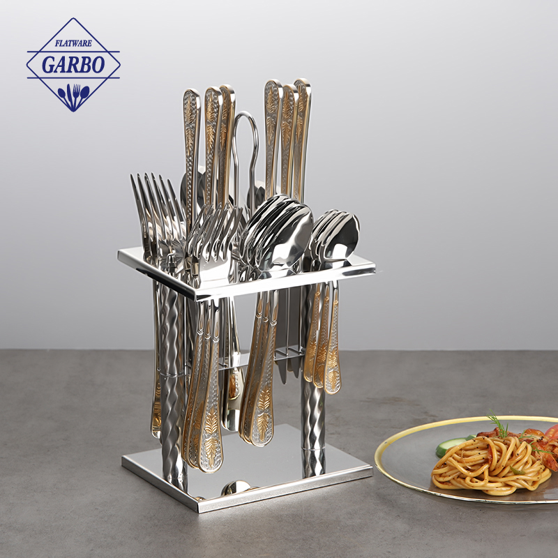 Luxury 24-Piece Stainless Steel Cutlery Set with Ornate Gold Handle