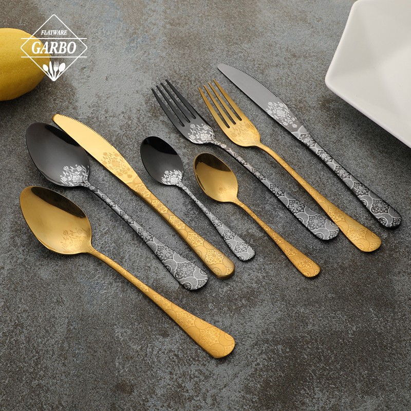 PVD golden and black cutlery sets  with laser design for home