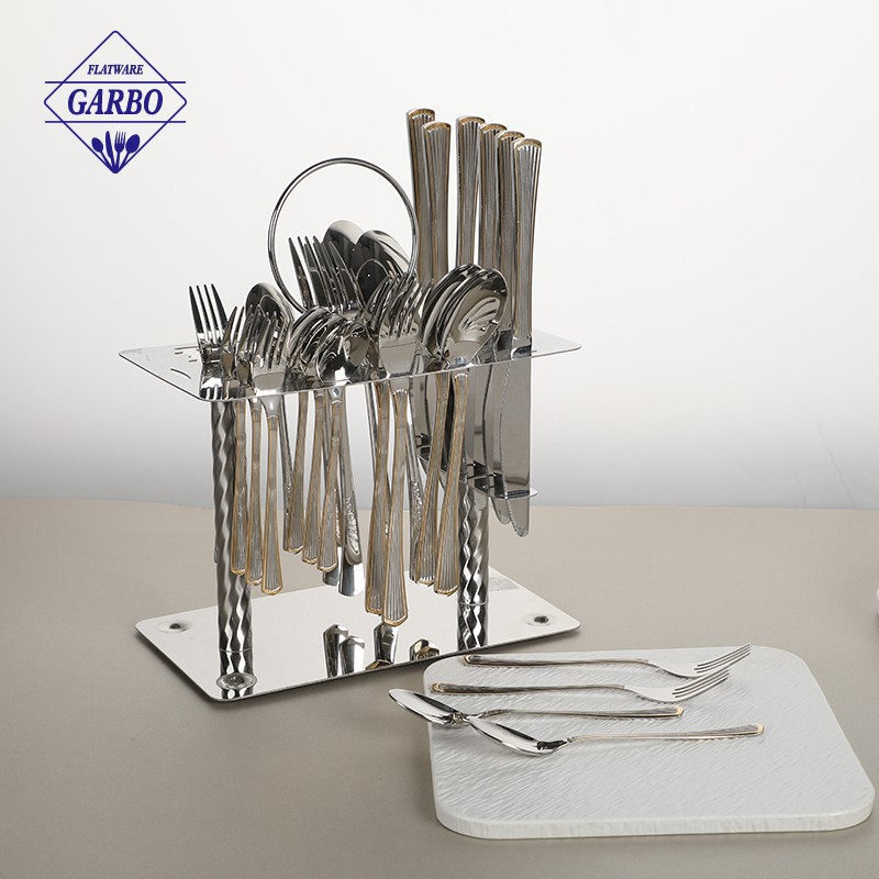 24Pcs Stainless Steel Flatware Set Vertical Strip Gold Handle Silverware with Stand for Wedding Hotel Home Dining