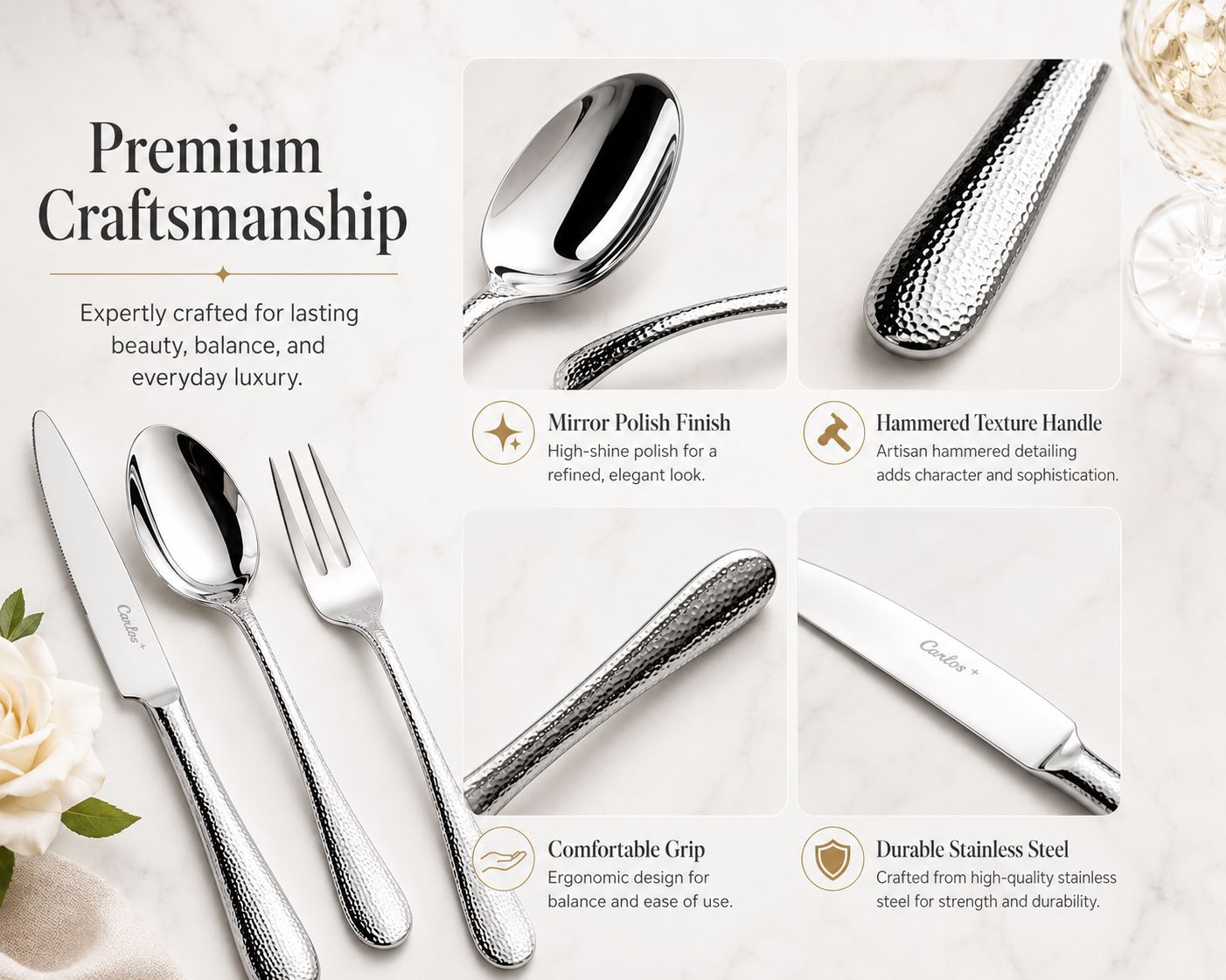 Jieyang Factory 304 Stainless Steel Hammered Cutlery Set Hot-Selling in Europe Korea South America