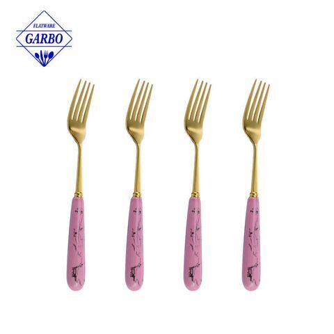 China factory wholesale cheap 410 stainless steel dinner fork with gold color and ceramic handle