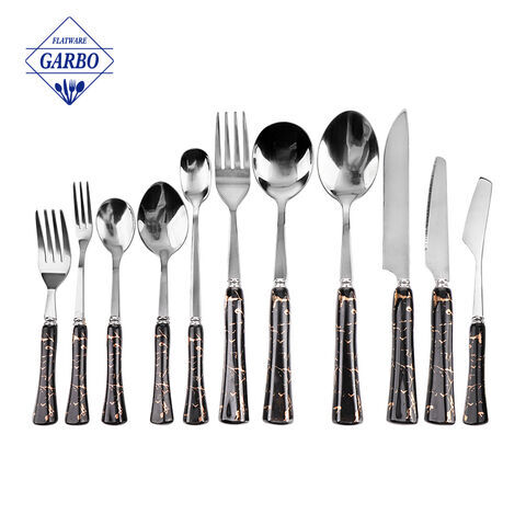 Gold Plated 12 pieces stainless steel flatware set black marble design cutlery set ceramic handle mirror polished table utensil set