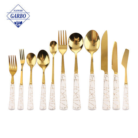 Gold Plated 12 pieces stainless steel flatware set black marble design cutlery set ceramic handle mirror polished table utensil set