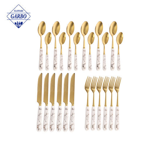 북유럽 스타일 24 조각 골드 flatware 세트 18/10 스테인레스 스틸 디너 칼 세트 화이트 세라믹 핸들