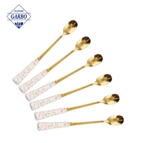 porcelain handle with golden design stainless steel long tea spoon