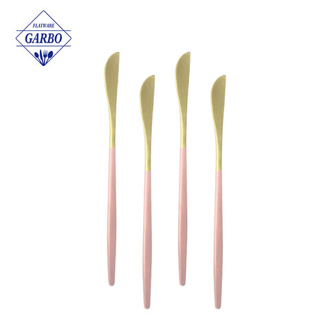 Koleksi Gaya Portugal Populer Champagne Gold Metal Dinner Knife dengan Pink Handle