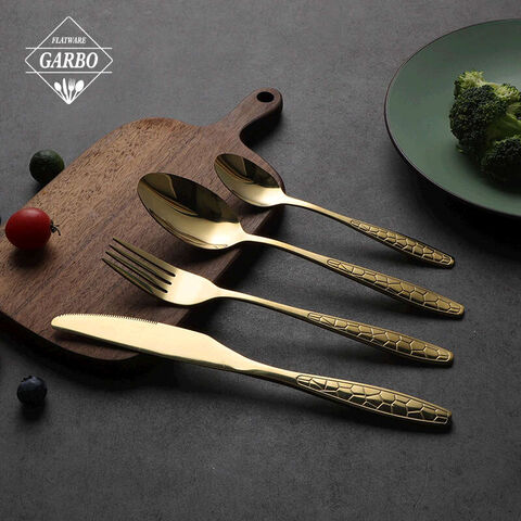 Golden plated embossed handle flatware set 4 pieces combination