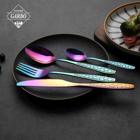 Luxurious engraved handle colorful electroplating 13/0 stainless steel 4 pcs cutlery set 