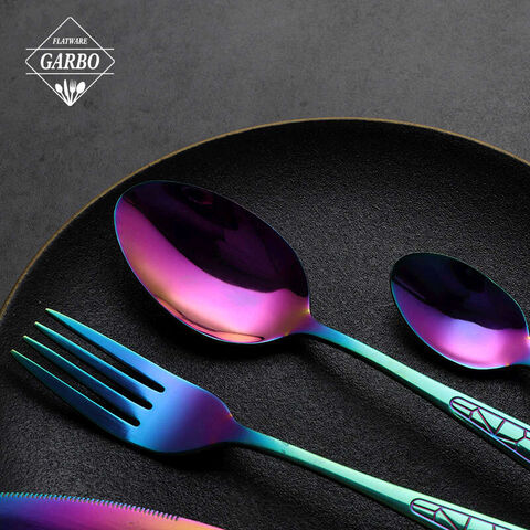 Luxurious engraved handle colorful electroplating 13/0 stainless steel 4 pcs cutlery set 