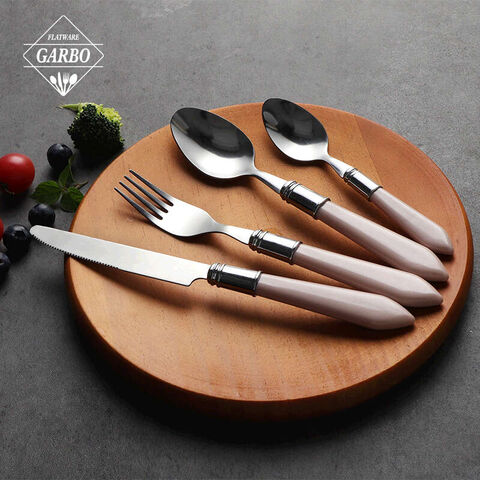 Hot sale pink color plastic handle 410 stainless steel flatware set wholesale cutlery