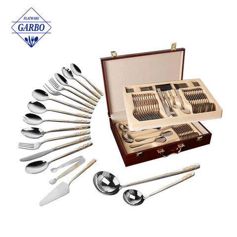 84-Piece Wooden Gift Case Stainless Steel Cutlery Set Set Peralatan Makan dengan Pola Emas