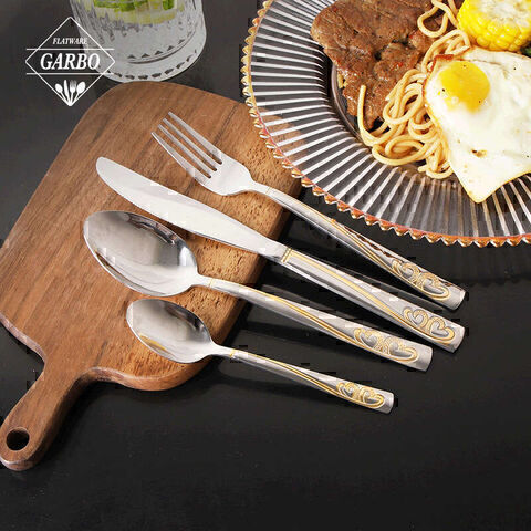 84-Piece Wooden Gift Case Stainless Steel Cutlery Set Set Peralatan Makan dengan Pola Emas