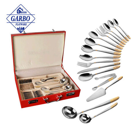 84-Piece High-end Wooden Case Stainless Steel Cutlery Set dengan Gagang Pola Emas yang Disesuaikan