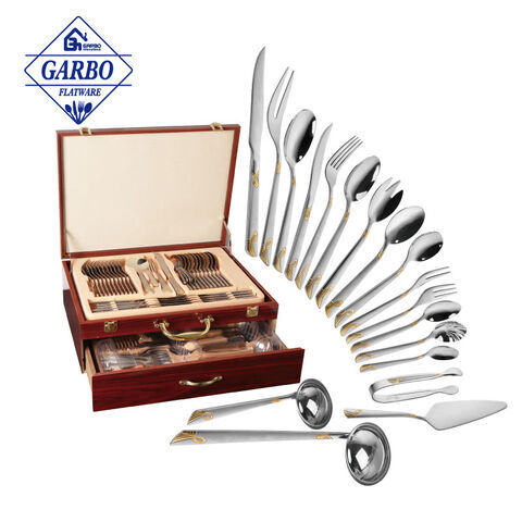 86-Piece High-end Golden Pattern Handle Stainless Steel Cutlery Set dengan Kotak Kado Kayu