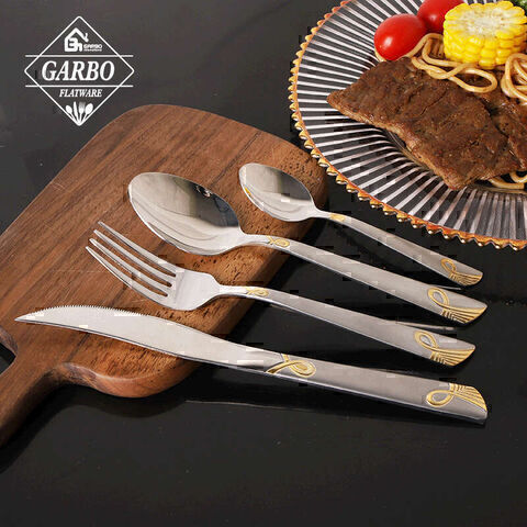 86-Piece High-end Golden Pattern Handle Stainless Steel Cutlery Set dengan Kotak Kado Kayu