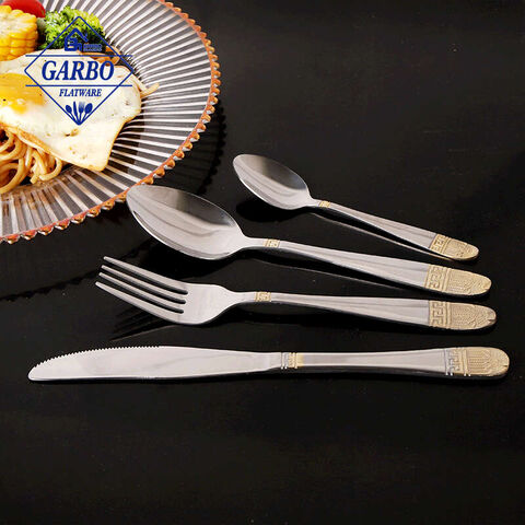 Royal collection 84 Pieces flatware na kulay pilak na may gintong nakaukit na set ng kubyertos