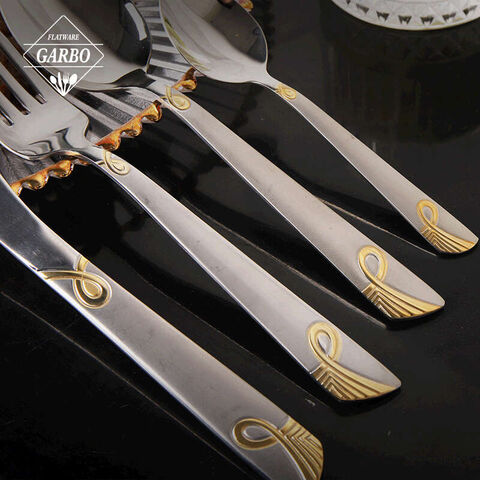 high end water polish cutlery set golden accessory embossed flatware