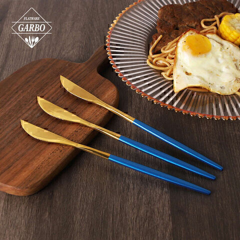 Hot Selling Premium PVD Gold Color Blade with Blue Handle Table Knife