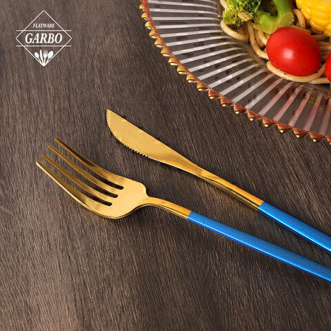 Hot Selling Premium PVD Gold Color Blade with Blue Handle Table Knife