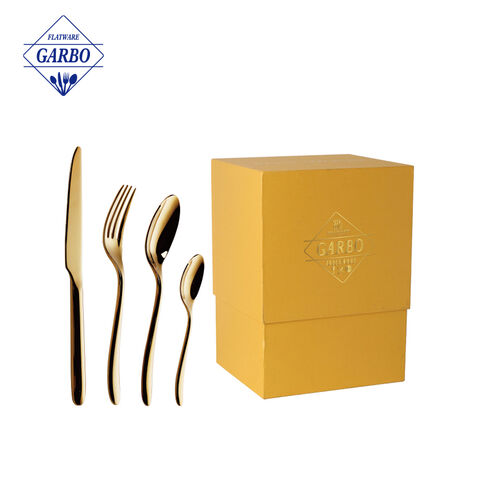 High Quality Golden Mirror Polished Stainless Steel Flatware Sets with Customized Gift Box