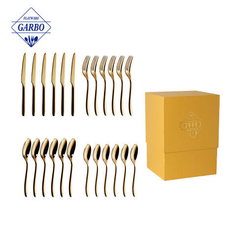 High Quality Golden Mirror Polished Stainless Steel Flatware Sets with Customized Gift Box