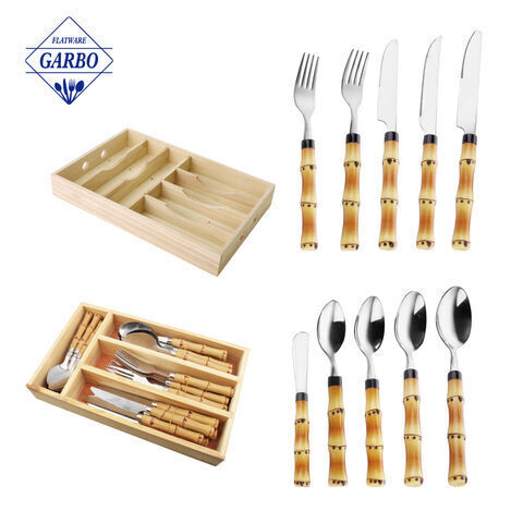 Wooden Gift Case Bamboo Plastic Handle Stainless Steel Cutlery Sets