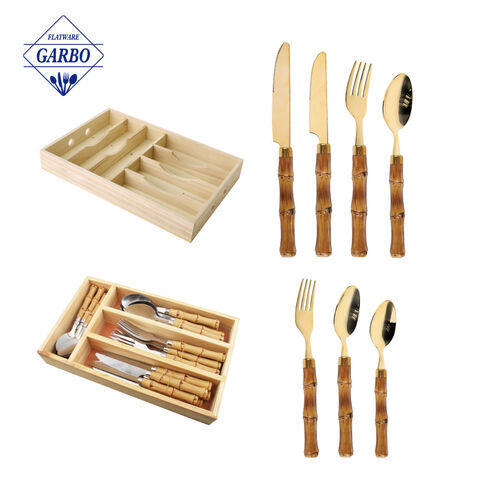 Wooden Gift Case Bamboo Plastic Handle Stainless Steel Cutlery Sets