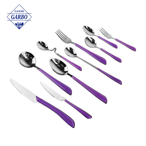 cucchiaio rotondo in acciaio inossidabile con manico in plastica viola brillante
