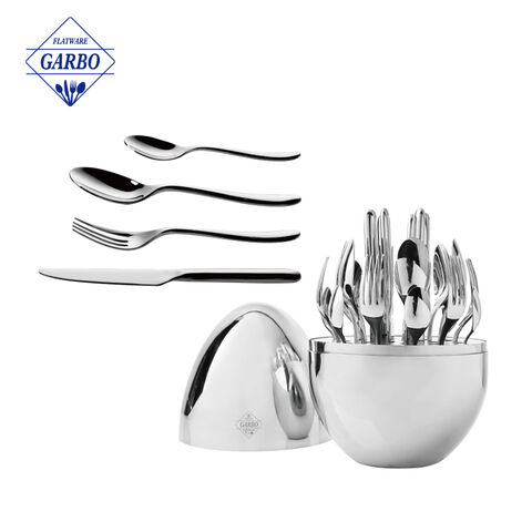 Wholesale Dinnerware Cutlery Set Mirror Polish Flatware Set with Egg Shape Storage 