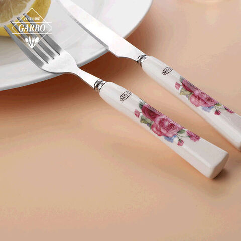 Best Selling Flower Designed Ceramic Handle Stainless Steel Silverware Sets