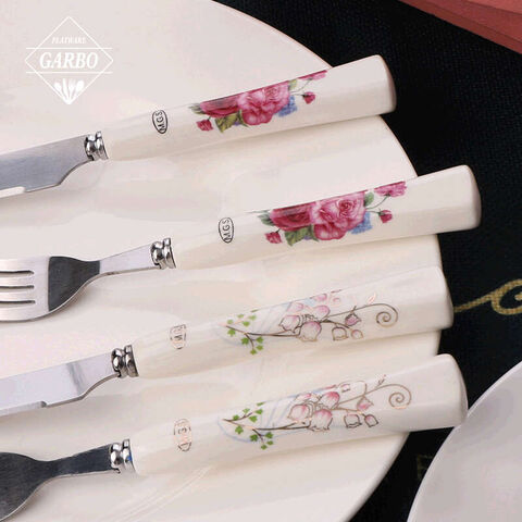 Best Selling Flower Designed Ceramic Handle Stainless Steel Silverware Sets