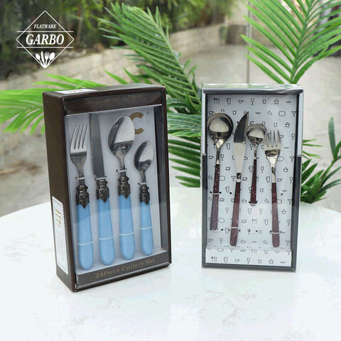 24pcs Set Desain Modern Sendok Garpu Set Pegangan Plastik PV Packing Sendok Garpu Set