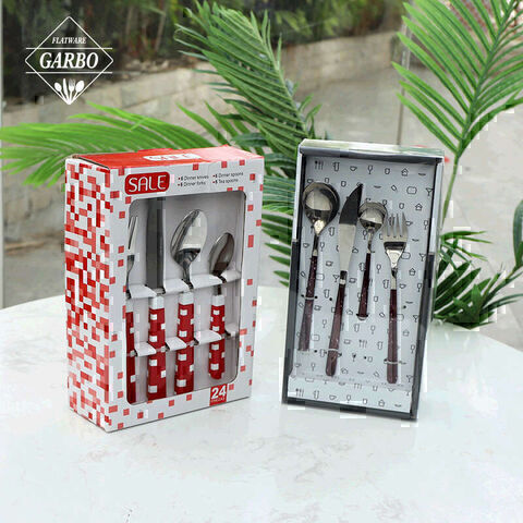 24pcs Set Desain Modern Sendok Garpu Set Pegangan Plastik PV Packing Sendok Garpu Set