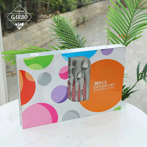 24pcs Set Desain Modern Sendok Garpu Set Pegangan Plastik PV Packing Sendok Garpu Set