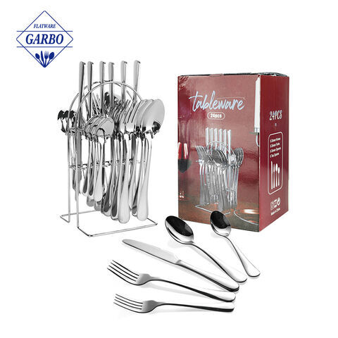 18/10 silverware set classic 24 pieces metal stainless steel flatware set with iron shelf 