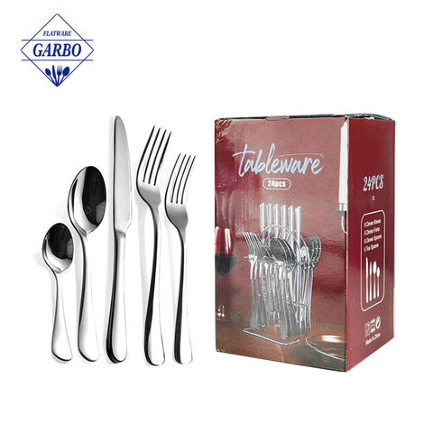 18/10 silverware set klasik 24 buah logam stainless steel sendok garpu set dengan rak besi