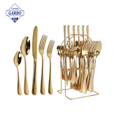 18/10 silverware set klasik 24 buah logam stainless steel sendok garpu set dengan rak besi