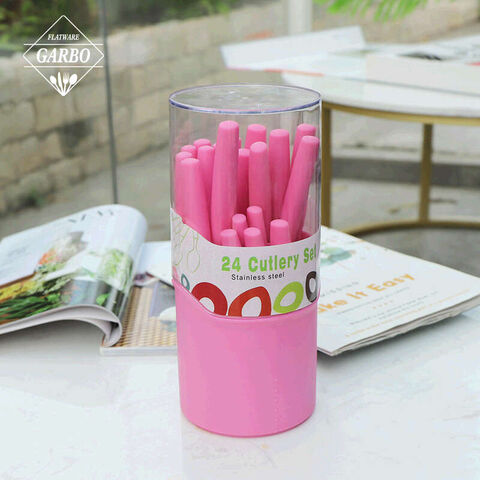 430 Set Sendok Garpu Pegangan Plastik Desain Dekoratif Stainless Steel dengan Paket PVC