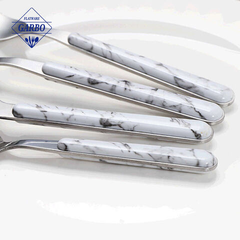 24-Piece Sendok Garpu Set Stainless Steel Sendok Garpu Layanan untuk 6 Termasuk Sendok Garpu Pisau Peralatan Makan Cermin Dipoles dengan pegangan marmer