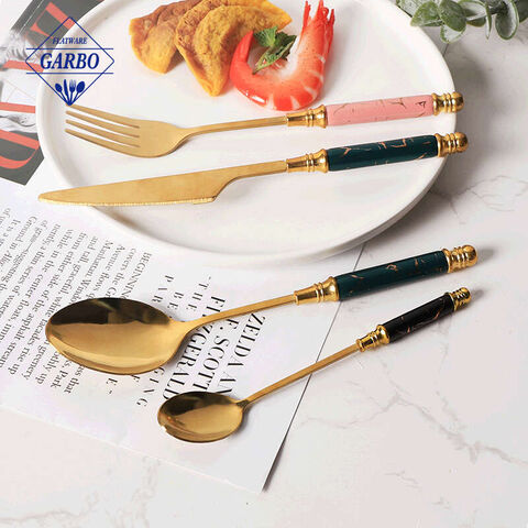 China manufactured round gold spoon set stainless steel blue soup spoon for party