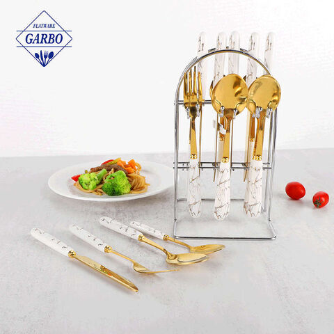 Gagang Keramik Marmer Stainless Steel PVD Set Sendok Garpu Emas dengan Dudukan