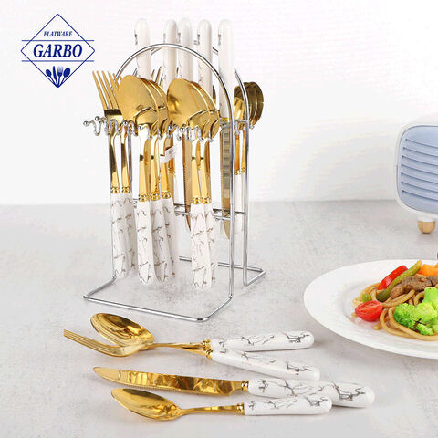 Marbled Ceramic Handle Stainless Steel PVD Golden Flatware Sets na may Stand