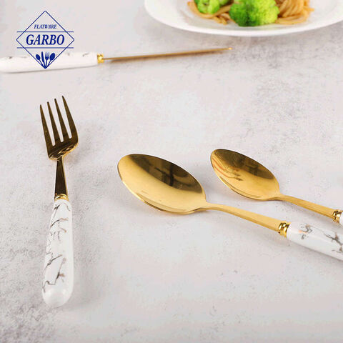 Marbled Ceramic Handle Stainless Steel PVD Golden Flatware Sets na may Stand