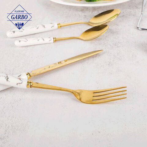 Marbled Ceramic Handle Stainless Steel PVD Golden Flatware Sets na may Stand