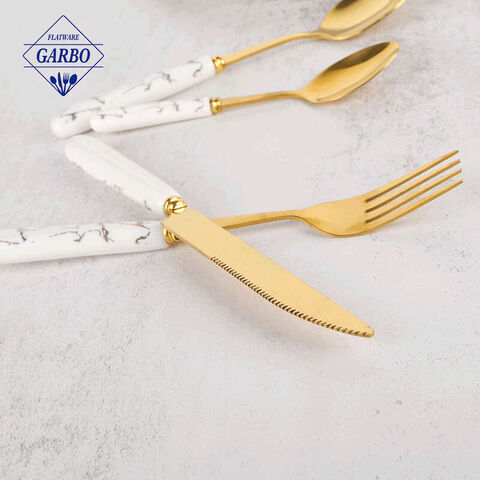 Marbled Ceramic Handle Stainless Steel PVD Golden Flatware Sets na may Stand