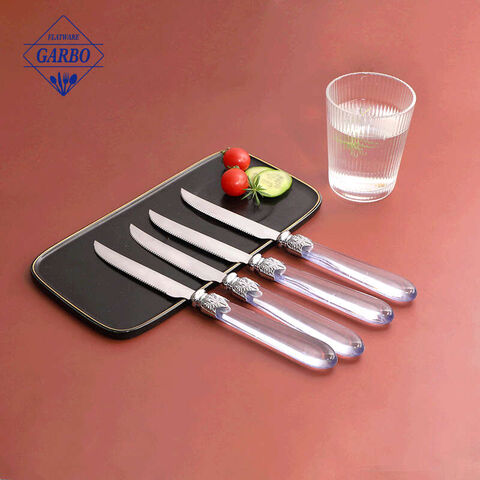 Elegant murang presyo 410 stainless steel steak knife na may transparent plastic handle