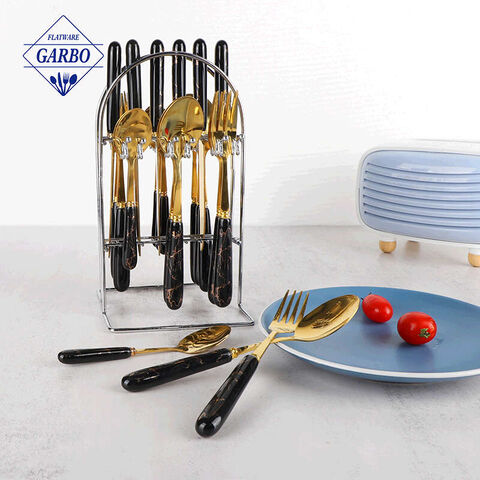 24-pcs Handel Keramik Marmer Emas Stainless Steel Set Sendok Garpu dengan Stand