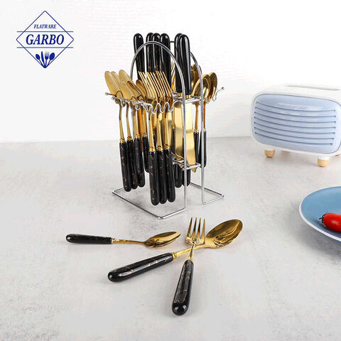 24-pcs Marbled Ceramic Handel Golden Stainless Steel Flatware Sets na may Stand