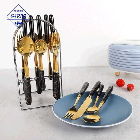 24-pcs Marbled Ceramic Handel Golden Stainless Steel Flatware Sets with Stand