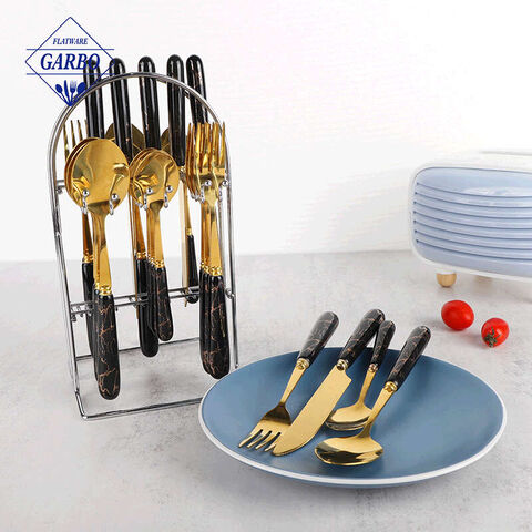 24-pcs Marbled Ceramic Handel Golden Stainless Steel Flatware Sets na may Stand